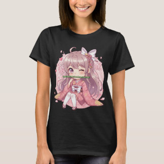 Camiseta Garota Kawaii Chibi Fofa de Quimono Rosa com Cerej