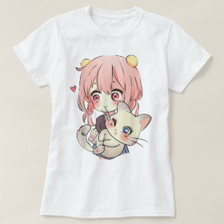 Camiseta Garota Kawaii de Anime com Gato Fofo