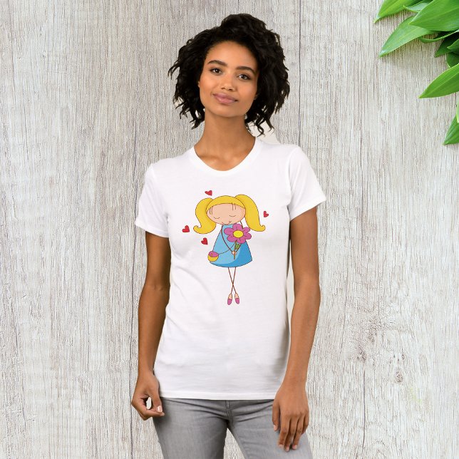 Camiseta Garota Loira Segurando Flor Amor Fofo (Criador carregado)