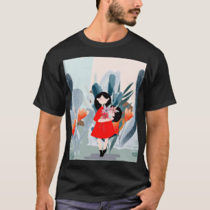 Camiseta Garota na floresta, desenho da natureza verde.