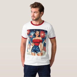 Camiseta Garota Patriótica de Capa – Estilo Retro 4 de Julh