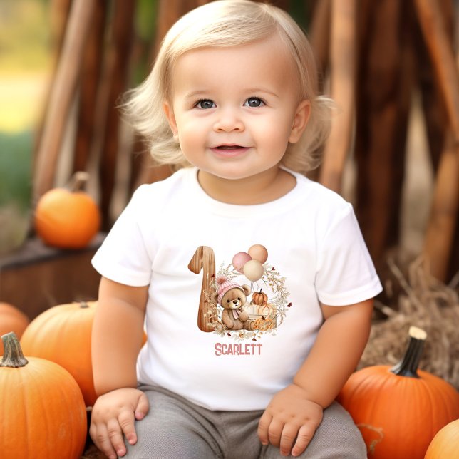 Camiseta Garota primeiro aniversario de Urso de Queda (Teddy Bear Fall Beary 1st Birthday Girl Baby T-Shirt)