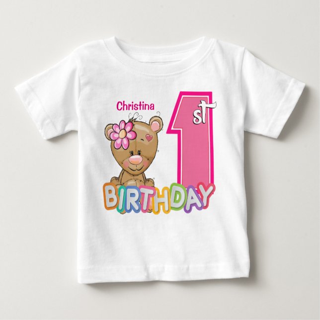 Camiseta Garota Primeiro Aniversário Urso de Teddy (Frente)