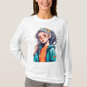 Camiseta Garota Romântica de Anime com Cabelo Colorido Clar