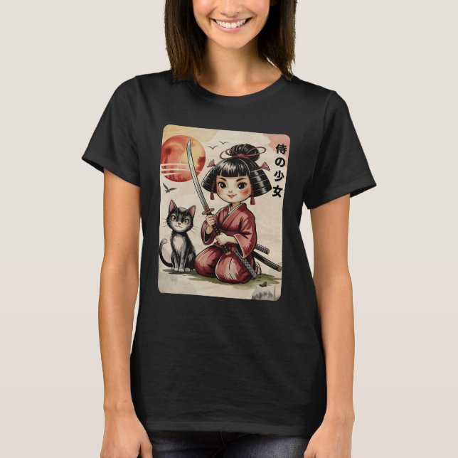 Camiseta Garota Samurai Chibi Kawaii Com Gato Katana Japonê (Frente)