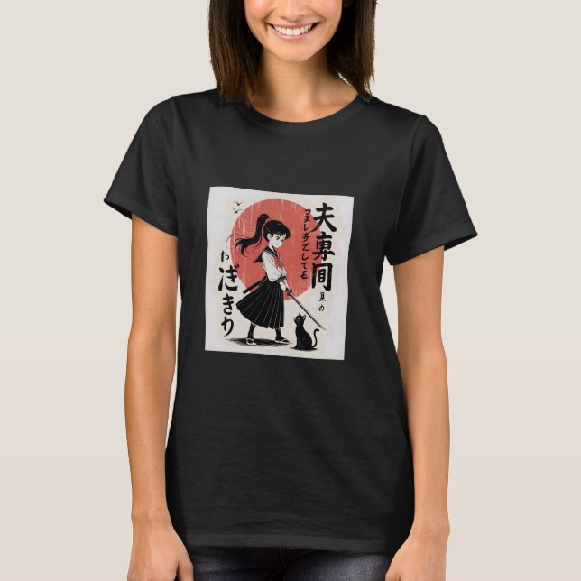 Camiseta Garota Samurai Japonesa com Gato Preto u2013 Vinta (Frente)