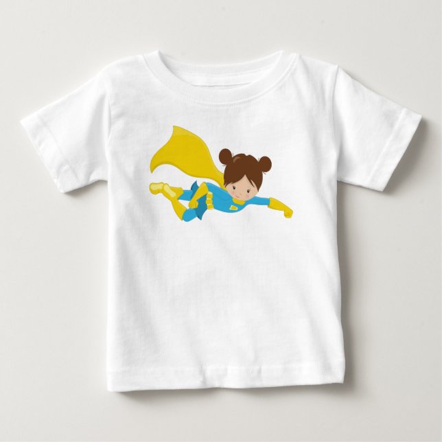 Camiseta Garota Super-Herói, Garota Fofa, Cabelo Castanho,  (Frente)