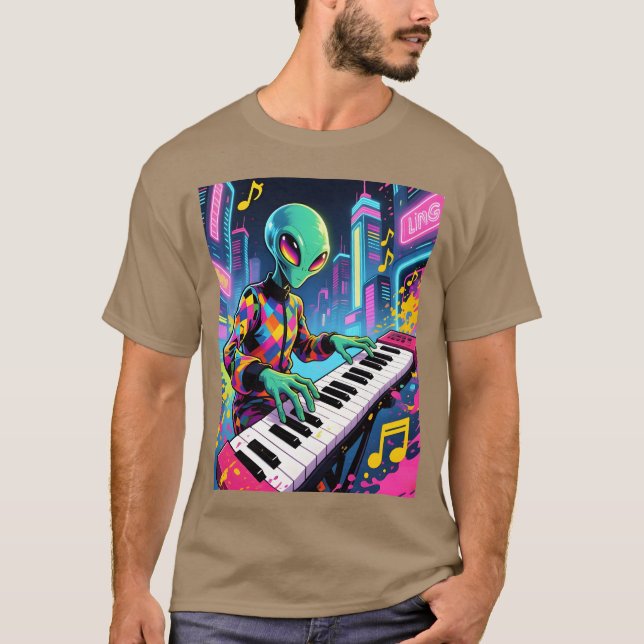 Camiseta Garota tecladista alienígena de Neon Synthwave (Frente)