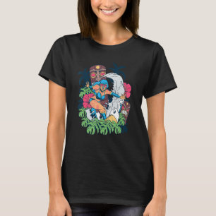 Camiseta Garota Tiki Surfista Praia Polinésia Havaiana Femi