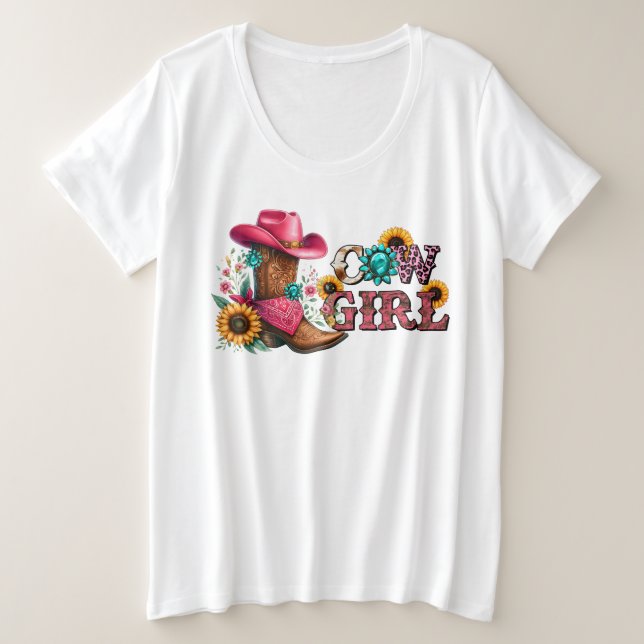 Camiseta Garota-Vaca com botas e flores (Frente do Design)