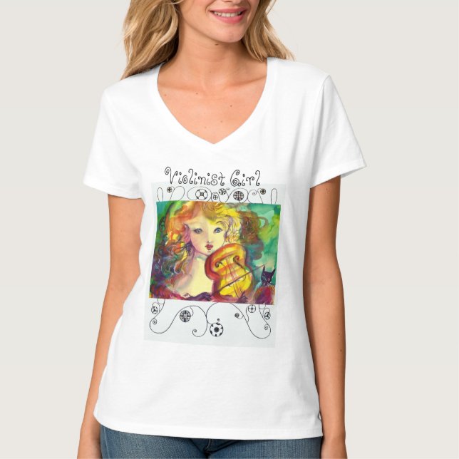 CAMISETA GAROTA VIOLINISTA, VIOLINA E GATO (Frente)