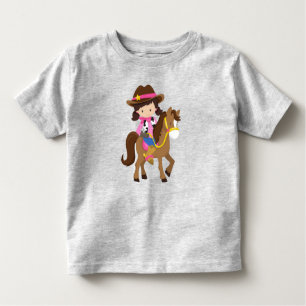 Camiseta Garota, xerife, cavalo, ocidental, cabelo castanho