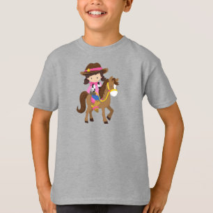 Camiseta Garota, xerife, cavalo, ocidental, cabelo castanho
