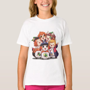 Camiseta Garotas Fofas de Anime Chibi em Grupo de Sushi Art
