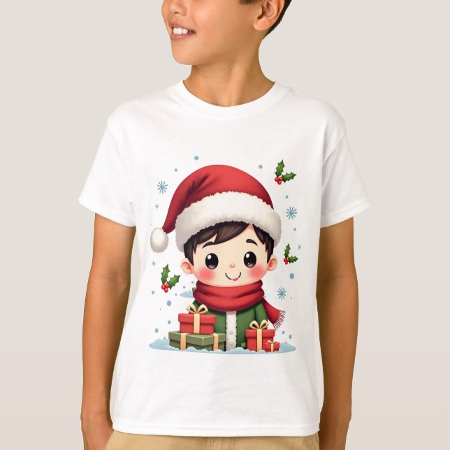 Camiseta Garoto Agudo de Natal com presentes e Papais noeis (Frente)