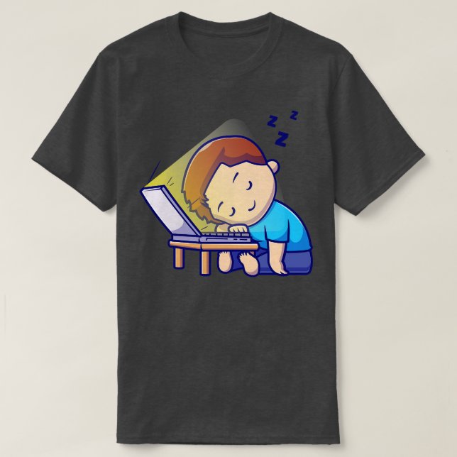 Camiseta Garoto Bonito Dormindo Em Cartoon De Laptop (Frente do Design)