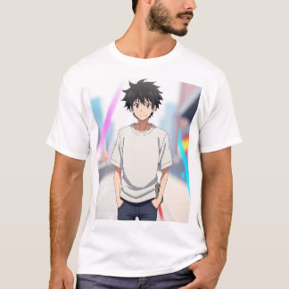 Camiseta Garoto de Anime com Cabelo Preto em Rua de Cidade