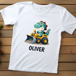 Camiseta Garoto Dinossauro em Veículo de Construção Amarelo