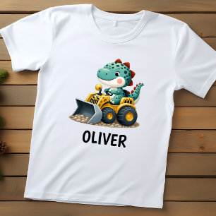 Camiseta Garoto Dinossauro em Veículo de Construção Amarelo