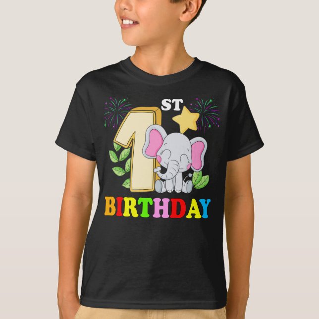 Camiseta Garoto primeiro aniversario Feliz Criança Elefante (Frente)