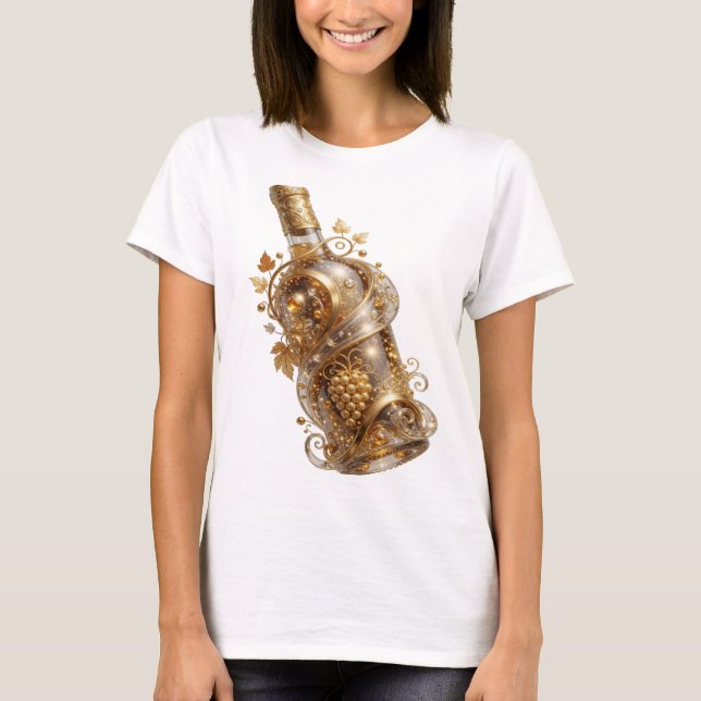 Camiseta Garrafa de vinho dourada em prata com impressão ar (Frente)