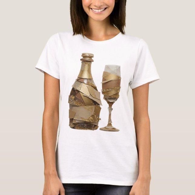Camiseta Garrafa de vinho dourado PRATA e design de copo (Frente)
