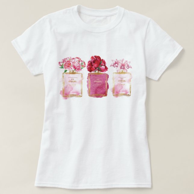 Camiseta Garrafas cor-de-rosa Estilo Paris Flores Aromática (Frente do Design)