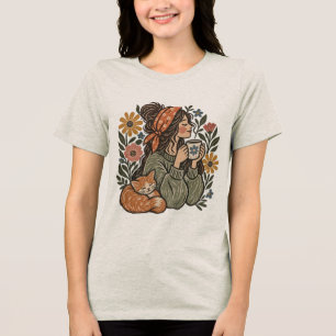 Camiseta Gata & Amante de Café Graphic Cottagecore Aconcheg
