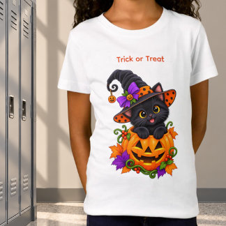 Camiseta Gata Bruxa Preta em Abóbora de Halloween Personali
