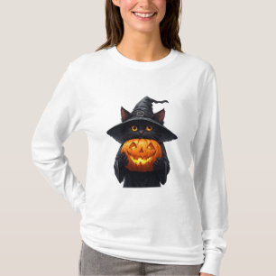 Camiseta Gata Bruxa Preta Fofa Segurando Abóbora Brilhante