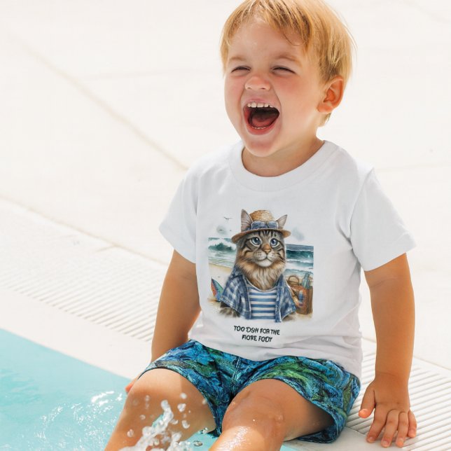 Camiseta Gata Cool Kitty na Praia  (Fun in the sun , toddler or baby boy swim t-shirt.  "too cool for the kiddie pool")