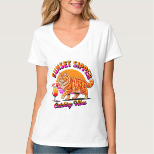 Camiseta Gata de Verão para Mulheres - Retro Sunset Sipper 