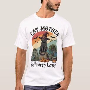 Camiseta Gata Mãe Amante do Halloween Chapéu de Bruxa Preta