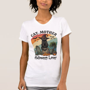 Camiseta Gata Mãe Amante do Halloween Chapéu de Bruxa Preto