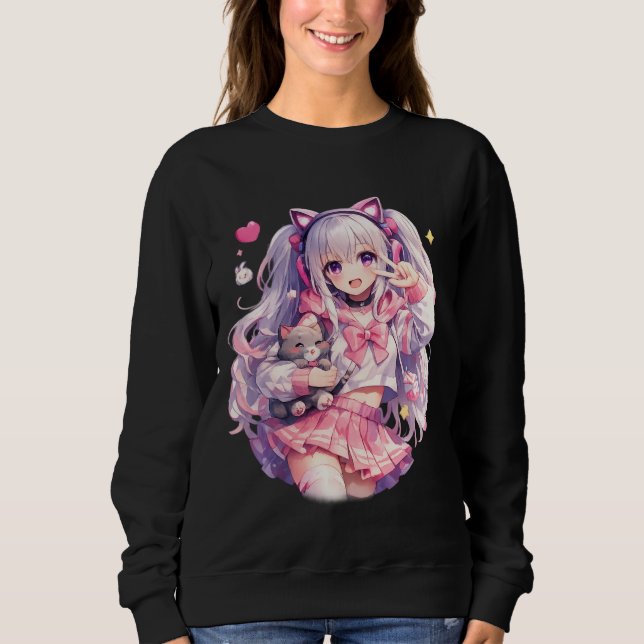 Camiseta Gata Menina Kawaii Rosa em Pose de Torcedora (Frente)