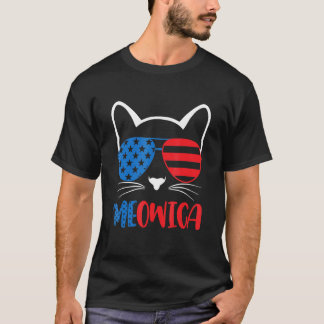 Camiseta Gata Meowica Com Óculos De Sol Da Bandeira America