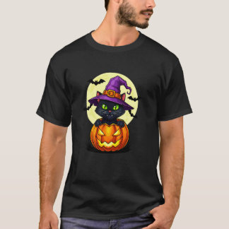 Camiseta Gata Preta Abóbora Fantasia de Halloween Outono