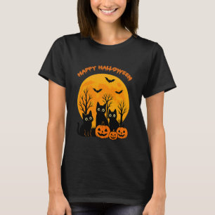 Camiseta Gata Preta Abóbora Lua Morcegos Feliz Dia das Brux