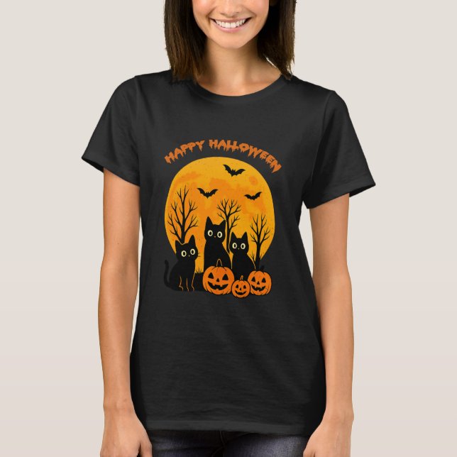 Camiseta Gata Preta Abóbora Lua Morcegos Feliz Dia das Brux (Frente)