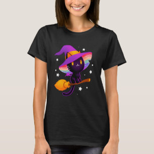 Camiseta Gata Preta Bruxa Com Chapéu Arco-Íris E Vassoura M