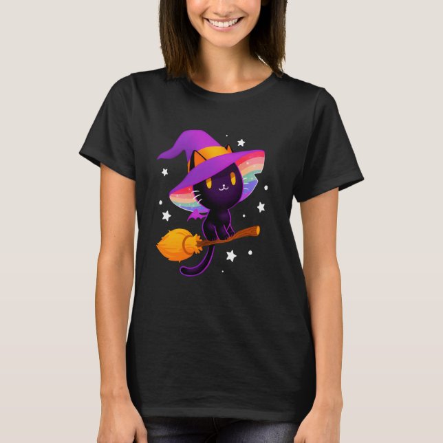 Camiseta Gata Preta Bruxa Com Chapéu Arco-Íris E Vassoura M (Frente)