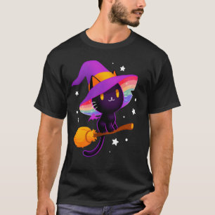 Camiseta Gata Preta Bruxa Com Chapéu Arco-Íris E Vassoura M