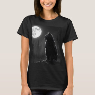 Camiseta Gata Preta Mística Sob a Lua Cheia Arte Gótica Fem
