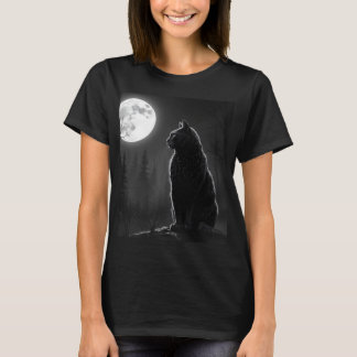Camiseta Gata Preta Mística Sob a Lua Cheia Arte Gótica Fem