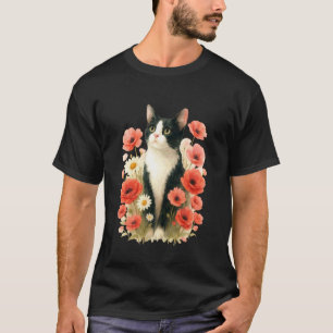 Camiseta Gata Tuxedo Floral Flores Papoulas Flores Silvestr
