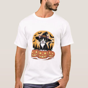 Camiseta Gata Tuxedo Halloween Bruxa Abóboras Fofo Essencia