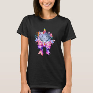 Camiseta Gata Unicórnio Feliz Coquette Cinza Floral Laço Ro