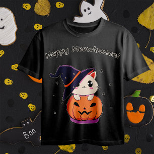 Camiseta Gatinha Bruxa Kawaii Adorável na Abóbora de Hallow