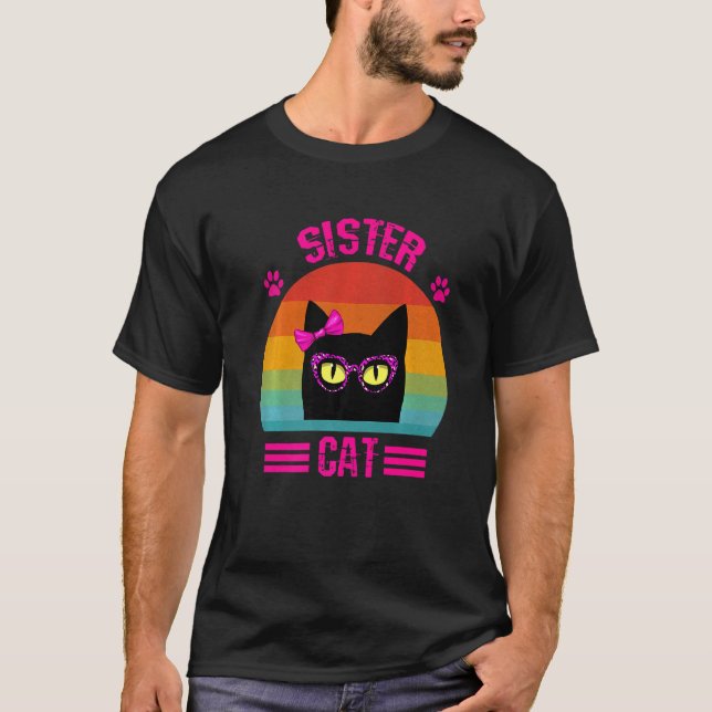 Camiseta Gatinha Fofa Retro Irmãzinha com Óculos de Leopard (Frente)