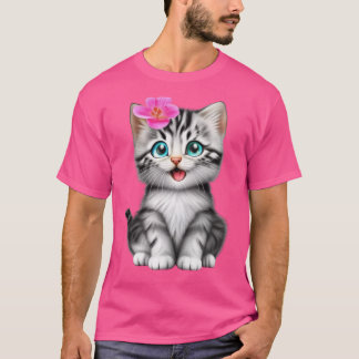 Camiseta Gatinho Adorável com Flor Rosa